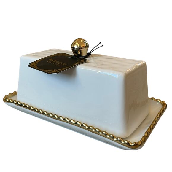 Baroque Covered Butter Dish 7in White Ceramic w/ Gold Beaded Trim Glam NEW - Picture 4 of 15